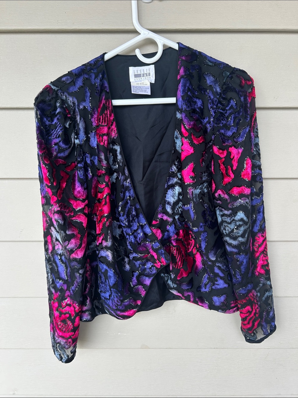Leslie Fay Black Overshirt with Pink & Purple Floral Velvet-Effect